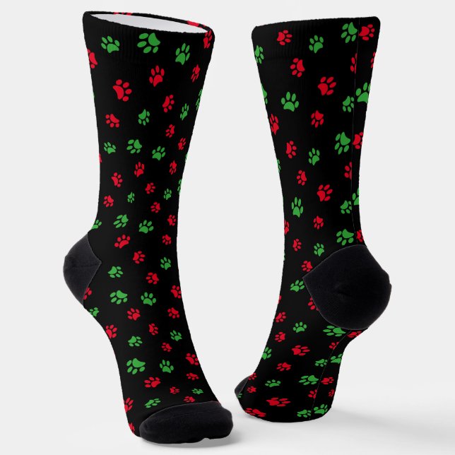 Cute Red Green Pet Paw Prints Pattern Socks (Angled)