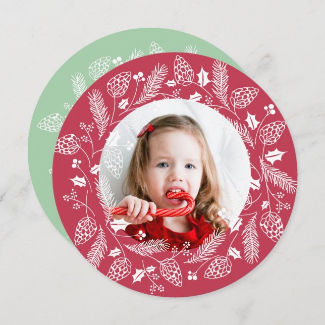 Cute Red & Green Pine and Holly Christmas Wreath Invitation (Front/Back)