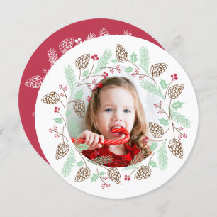 Cute Red & Green Pine and Holly Christmas Wreath Invitation