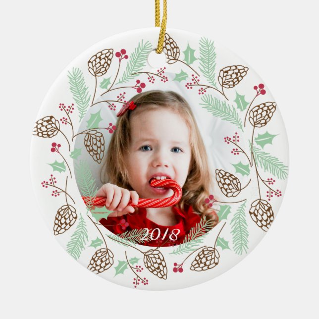 Cute Red & Green Pine and Holly Wreath Christmas Ceramic Tree Decoration (Front)