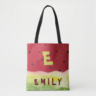 Cute Red Green Watermelon Seeds Monogram Name Tote Bag