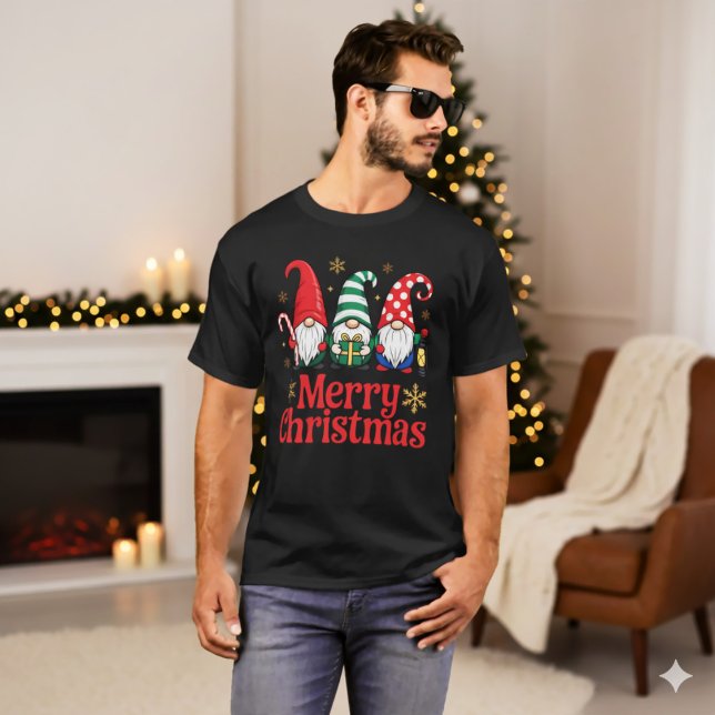 Cute Red Green Whimsical Gnome Merry Christmas T-Shirt (Creator Uploaded)