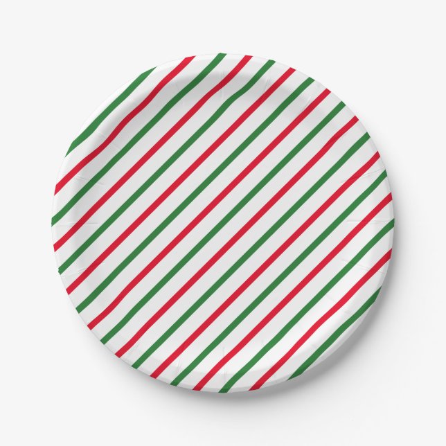 Cute red green white candy cane oblique stripes paper plate (Front)