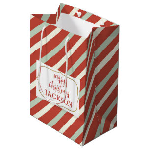 Cute Red, Green, White Candy Stripe Christmas Name Medium Gift Bag