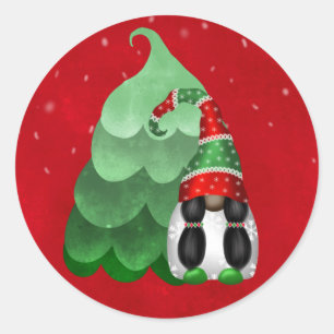 Cute Red Green White Gnome Tree Christmas Classic Round Sticker