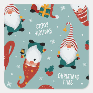 Cute Red Green Yellow Elf Gnome Christmas Pattern  Square Sticker