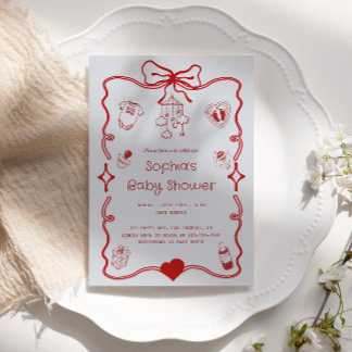 Cute Red & Grey Baby Shower for Girls or Boys  Invitation