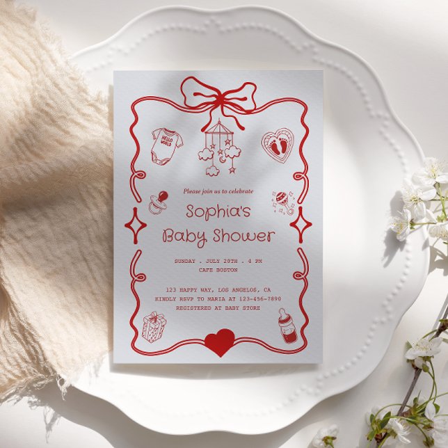 Cute Red & Grey Baby Shower for Girls or Boys  Invitation (Creator Uploaded)
