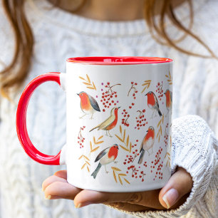 Cute red grey Robin birds Winter Holiday Christmas Mug