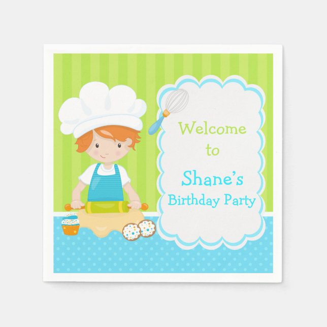 Cute Red Hair Boy Baking Birthday Party Napkin (Front)