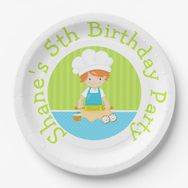 Cute Red Hair Boy Baking Birthday Party Paper Plate (Front)