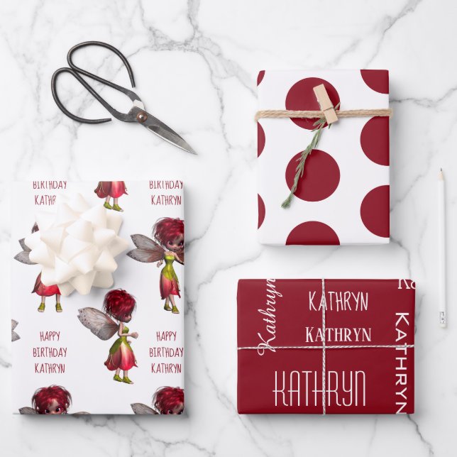 Cute Red Hair Fairies Personalised  Wrapping Paper Sheet (Front)