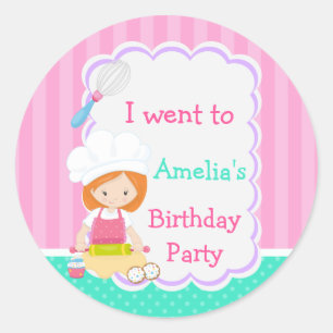 Cute Red Hair Girl Baking Birthday Party Classic Round Sticker