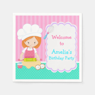 Cute Red Hair Girl Baking Birthday Party Napkin