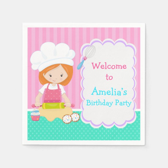 Cute Red Hair Girl Baking Birthday Party Napkin (Front)
