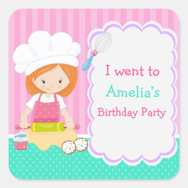 Cute Red Hair Girl Baking Birthday Party Square Sticker (Front)