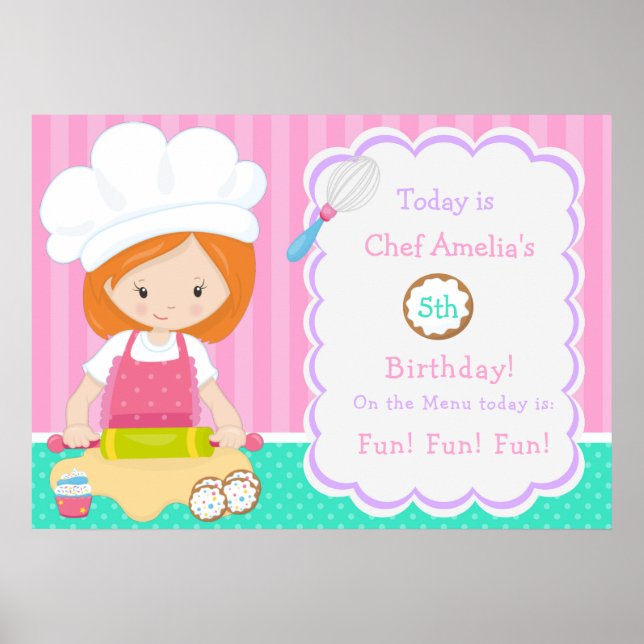 Cute Red Hair Girl Baking Birthday  Poster (Front)