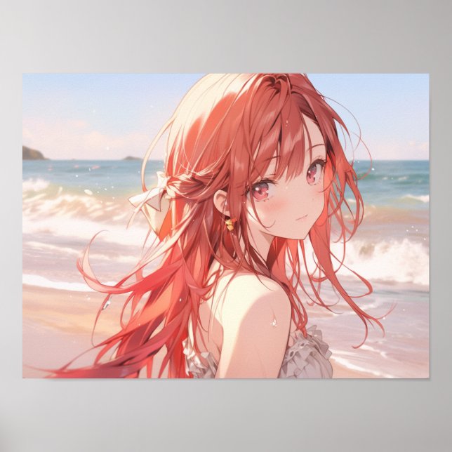 Cute red haired anime girl on the beach poster (Front)