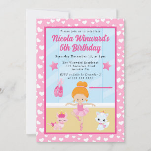 Cute Red Haired Ballerina Kids Birthday Invitation