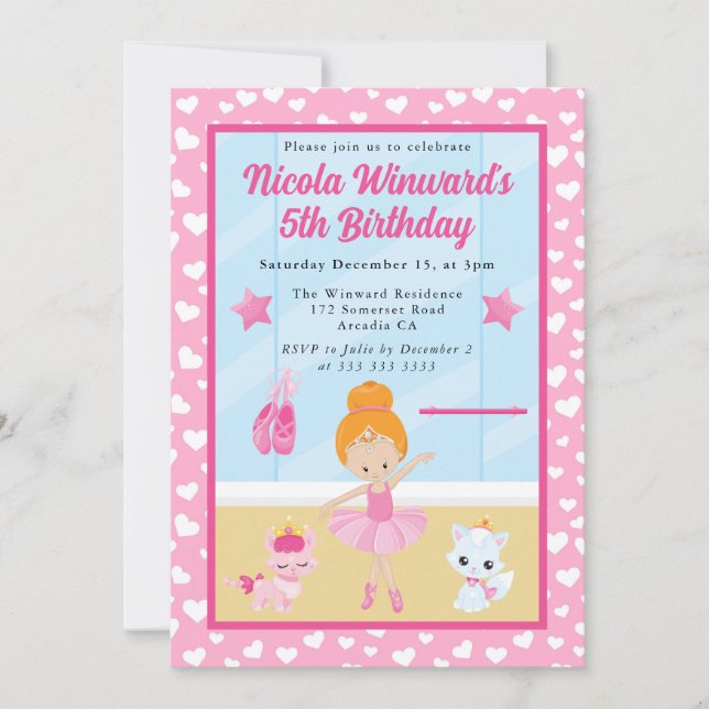 Cute Red Haired Ballerina Kids Birthday  Invitation (Front)