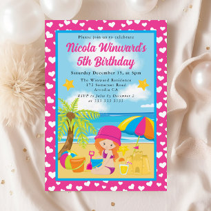 Cute Red Haired Girl Beach Kids Birthday  Invitation