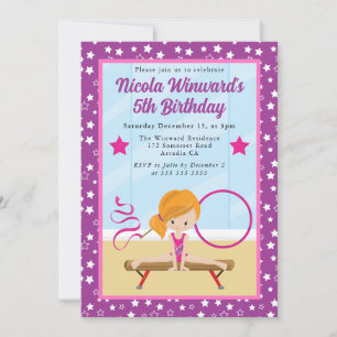 Cute Red Haired Girl Gymnast Kids Birthday Invitation