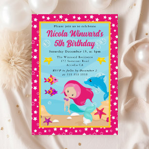 Cute Red Haired Mermaid Kids Birthday Invitation