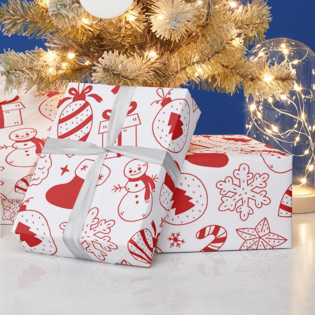 Cute Red Hand Drawn Christmas Doodle Art Wrapping Paper (Holidays)