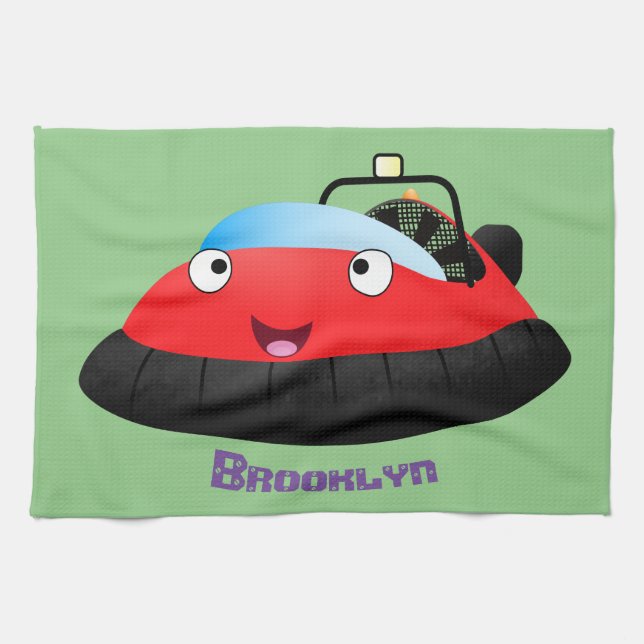 Cute red happy hovercraft cartoon tea towel (Horizontal)