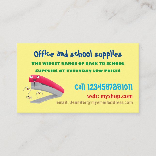 Cute red happy stapler cartoon illustration  business card (Front)