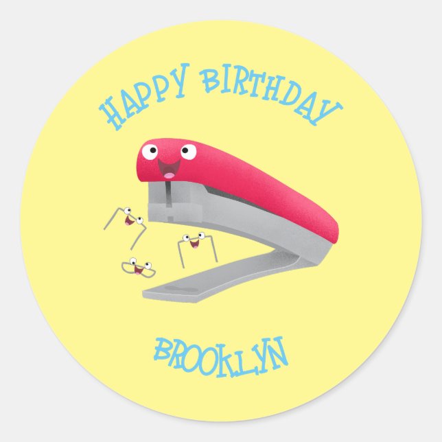 Cute red happy stapler cartoon illustration classic round sticker (Front)