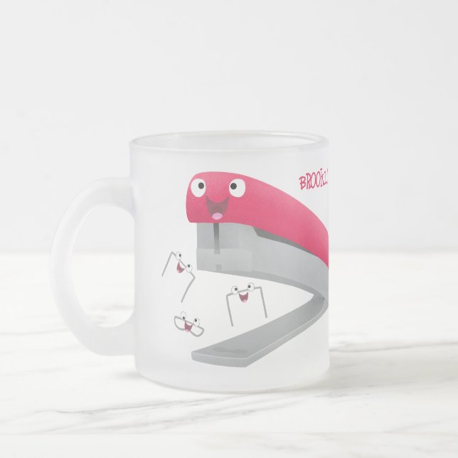 Cute red happy stapler cartoon illustration frosted glass coffee mug (Left)