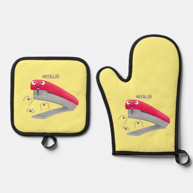 Cute red happy stapler cartoon illustration oven mitt & pot holder set (Front)