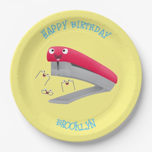 Cute red happy stapler cartoon illustration paper plate (Front)