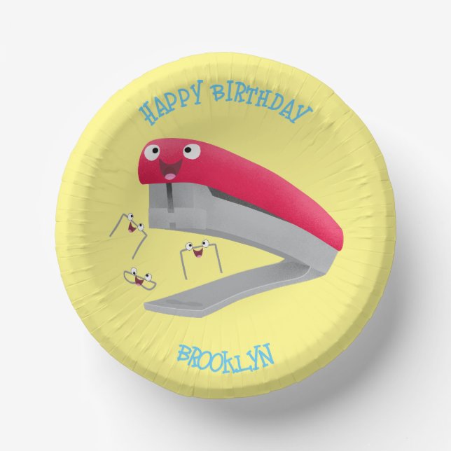 Cute red happy stapler cartoon illustration paper plate (Front)