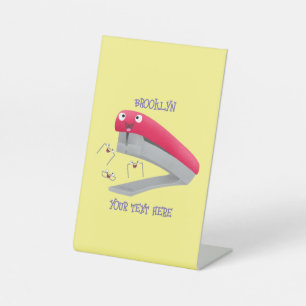 Cute red happy stapler cartoon illustration  pedestal sign
