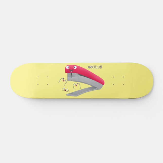 Cute red happy stapler cartoon illustration skateboard (Horz)