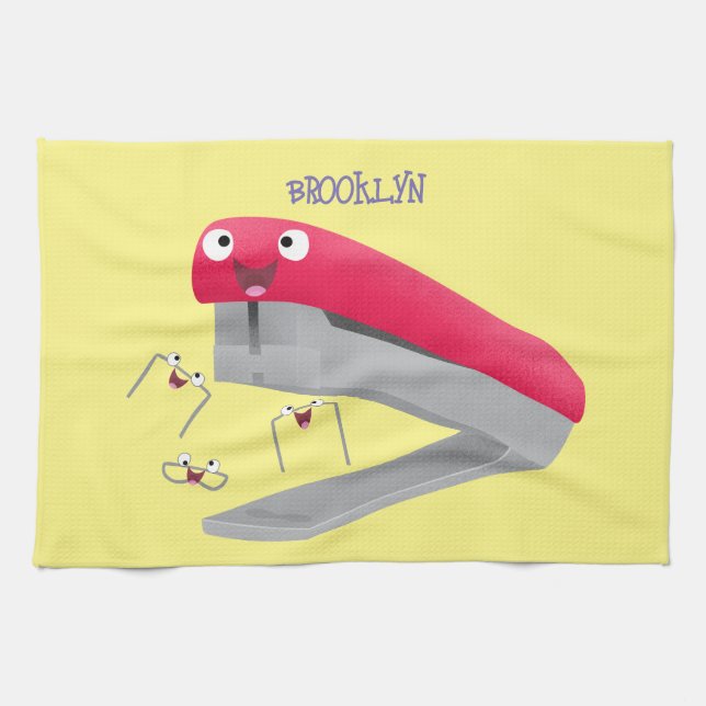 Cute red happy stapler cartoon illustration tea towel (Horizontal)