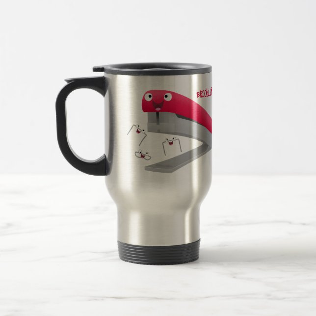 Cute red happy stapler cartoon illustration travel mug (Left)