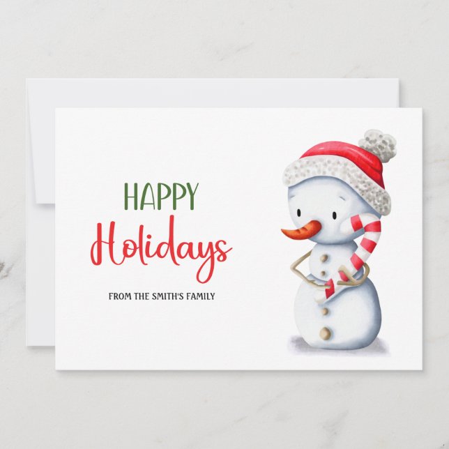 Cute Red Hat Snowman Candy Cane Happy Holidays Holiday Card (Front)