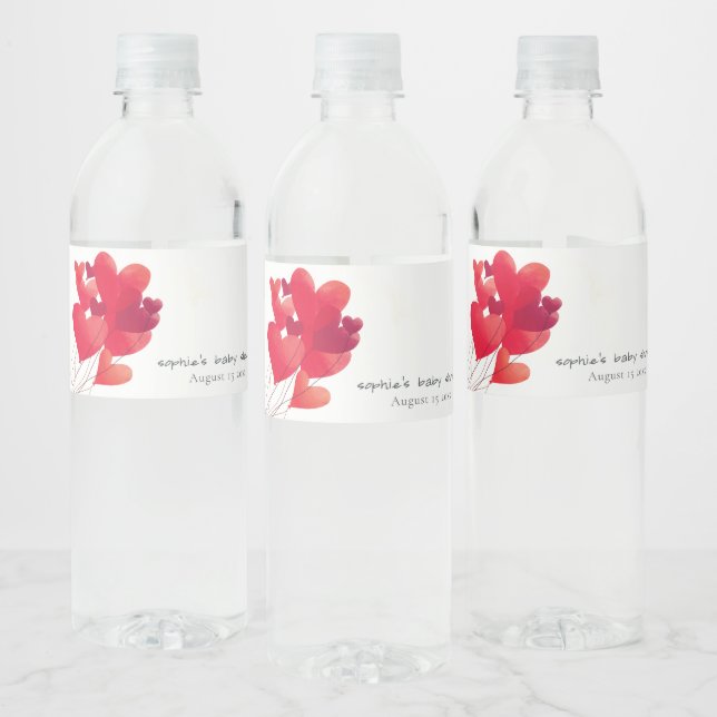 Cute Red Heart Balloons Sweetheart Baby Shower Water Bottle Label (Bottles)