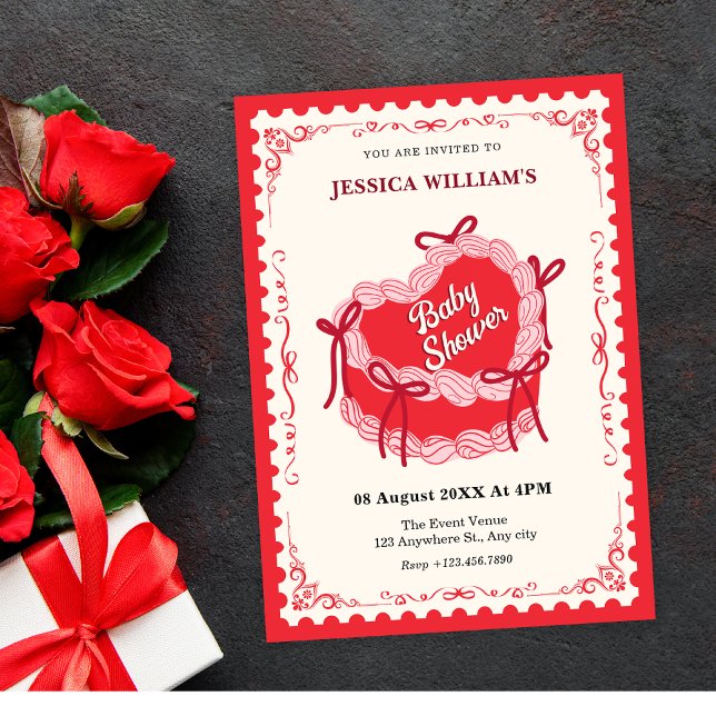 Cute red heart cake bow baby shower invitation (Creator Uploaded)