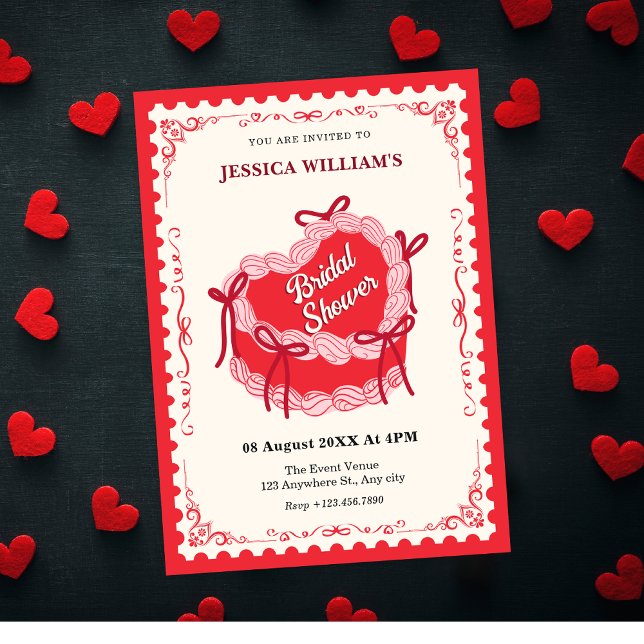 Cute red heart cake bow bridal shower invitation (Creator Uploaded)