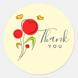 Cute Red Heart Flowers and Yellow Butterflies Classic Round Sticker