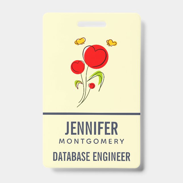 Cute Red Heart Flowers and Yellow Butterflies ID Badge (Front)