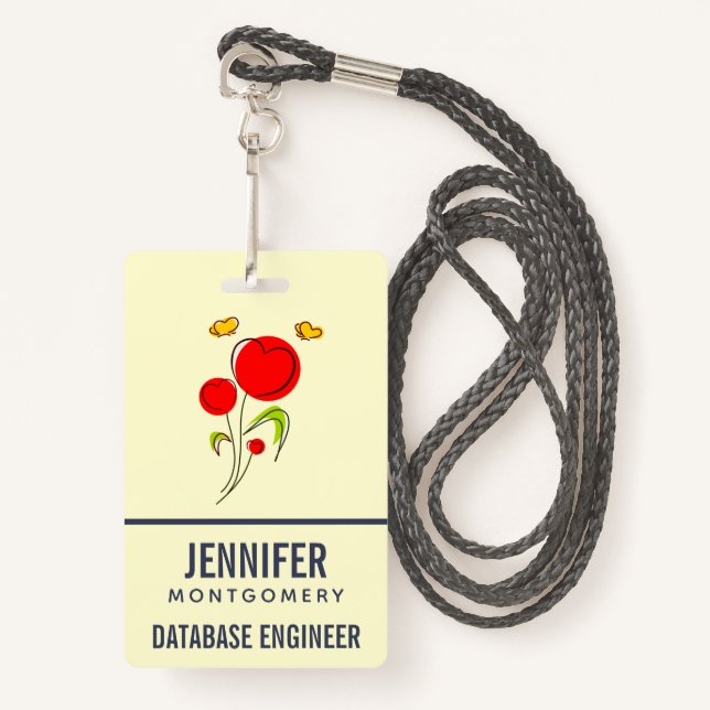 Cute Red Heart Flowers and Yellow Butterflies ID Badge (Front with Lanyard)