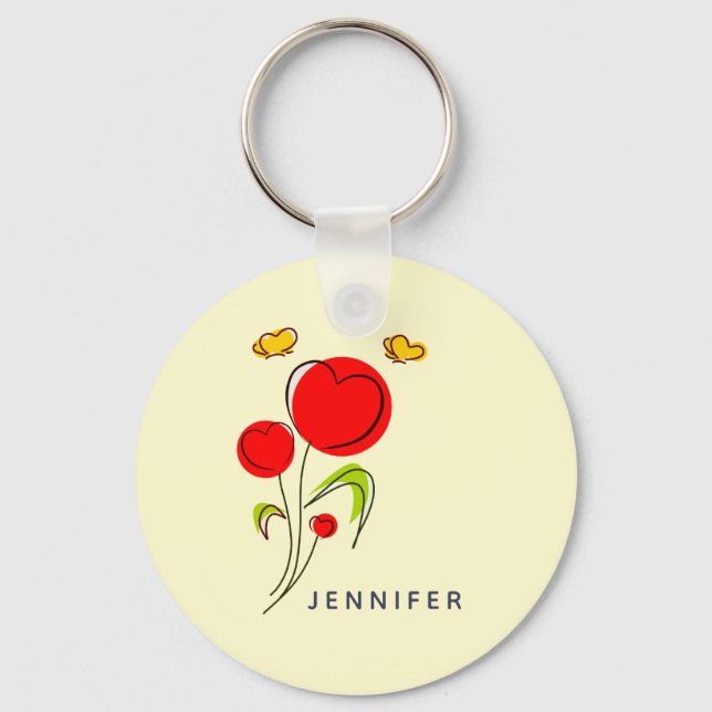 Cute Red Heart Flowers and Yellow Butterflies Key Ring (Front)