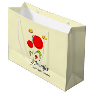 Cute Red Heart Flowers and Yellow Butterflies Large Gift Bag