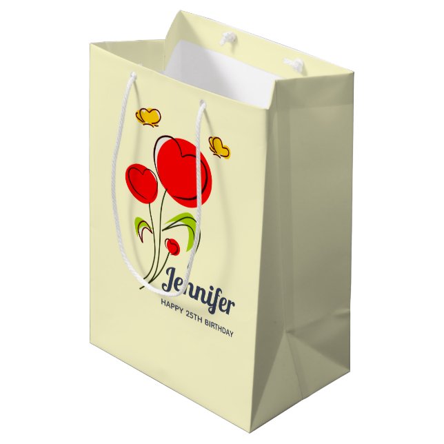Cute Red Heart Flowers and Yellow Butterflies Medium Gift Bag (Front Angled)
