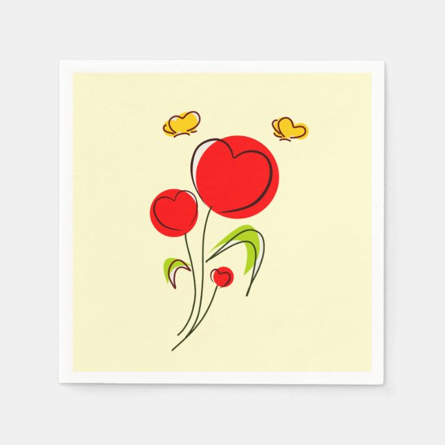 Cute Red Heart Flowers and Yellow Butterflies Napkin (Front)